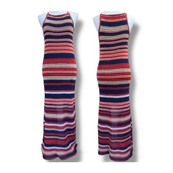 Vintage Y2K Penelope Rose Knit Striped Maxi Dress w/ Left Side Slit - Picture 1 of 12